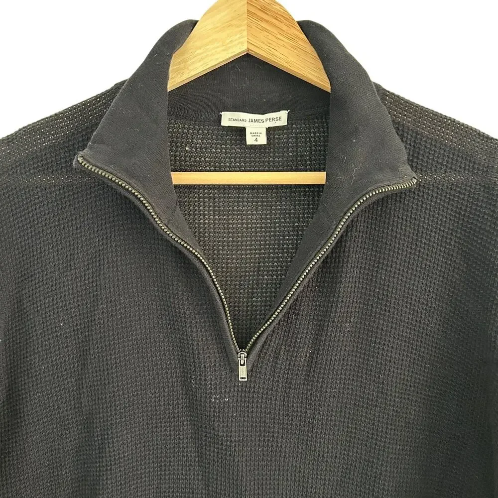 James Perse Brushed Thermal 1/4 Zip Sweater Black XL Minimalist Pullover